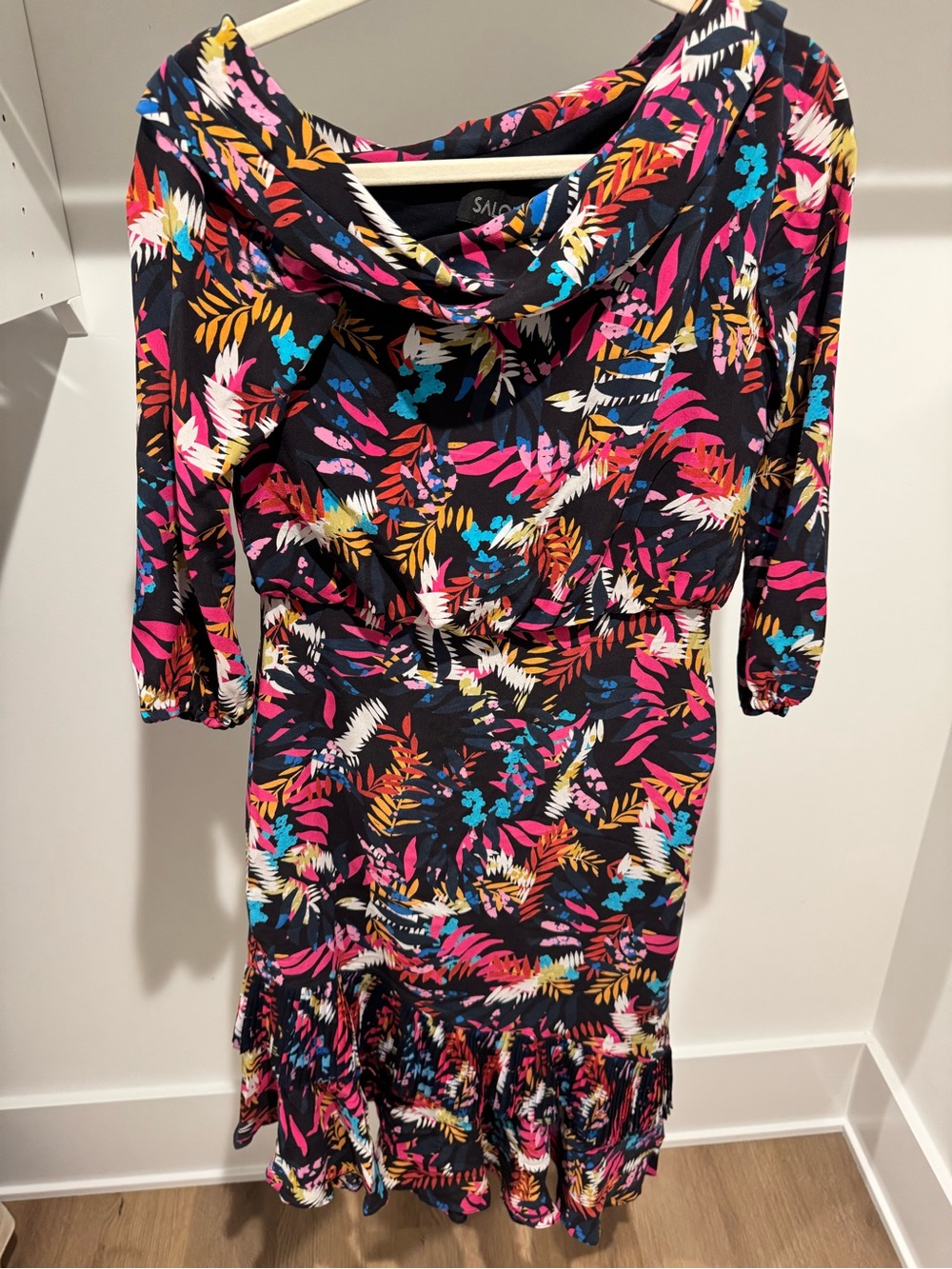 SALONI Lexie Multi-Color Print Cowl One Shoulder Midi Dress